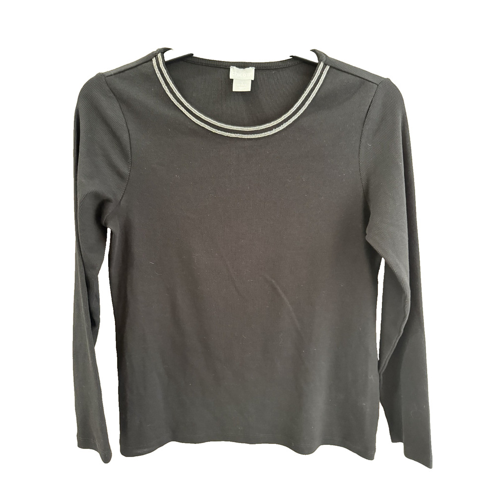 Chico 1 (Size 8/M) Black Cotton Sweater/Silver Trim Staple Office Holiday